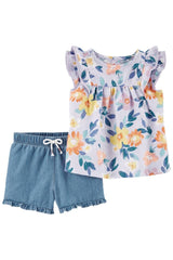 2-Piece Floral Top & Chambray Short Set