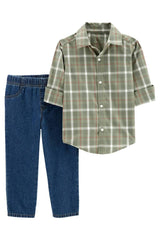 2-Piece Plaid Button-Front Shirt & Denim Pant Set
