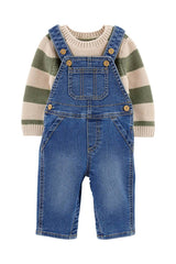 2-Piece Striped Sweater & Denim Overall Set